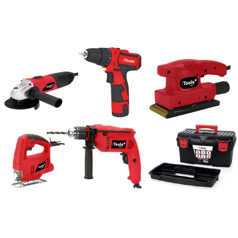 Pack 5 Outils Visseuse 12V + Meuleuse 500W + Perceuse 500W + Scie sauteuse 350W + Ponceuse 135W + Boite à outils ITOOLS